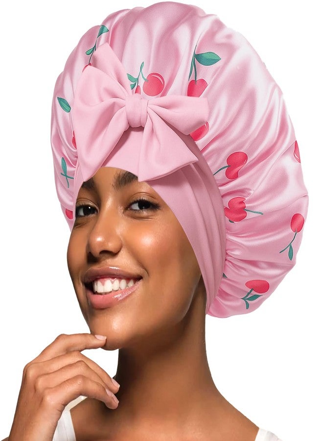 Confvrter Silk Bonnet for Sleeping Women Adjustable Double Layer Satin Bonnet, Night Cap for Curly & Textured Hair Prevents Breakage, Tangles & Thinning, Cherry Blossom Print - Image 1